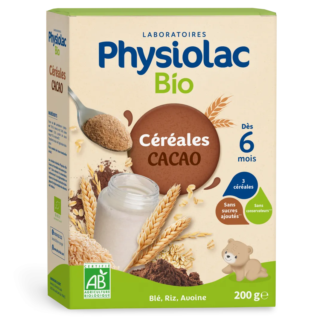 Physiolac Bio céréales Cacao en poudre - Alimentation Bébé dès 6 mois
